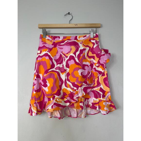 NWT Cami NYC Mika Ruffled Linen Retro Floral Pink and Orange Mini Skirt - Picture 2 of 8